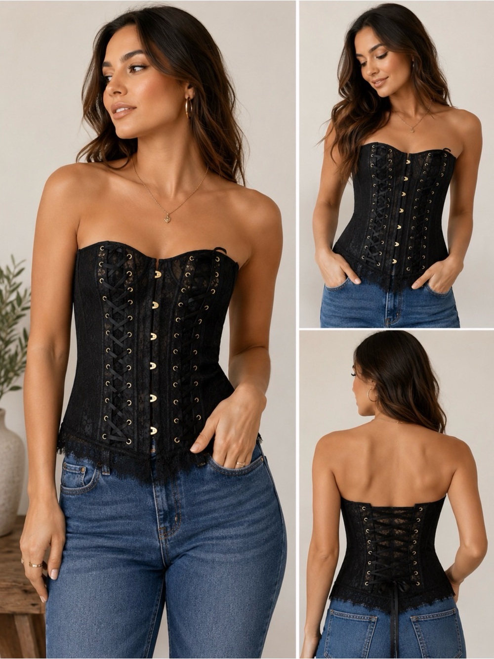 Adore Me Black Lace Corset Bustier with Gold Eyelets